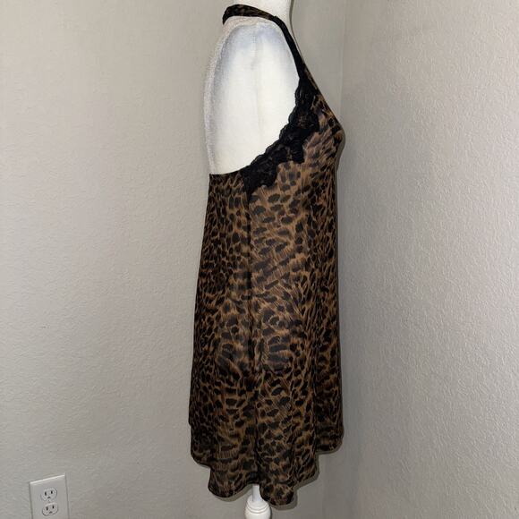 Chemise Halter Dress Women’s Medium Brown Black Leopard Print Lace Lingerie Slip - Picture 2 of 7